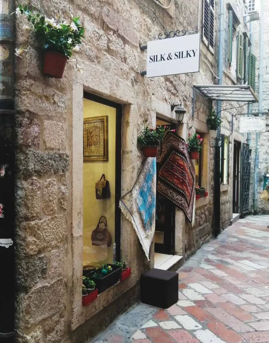 The Silk & Silky storefront in a historic stone lane in Kotor, Montenegro