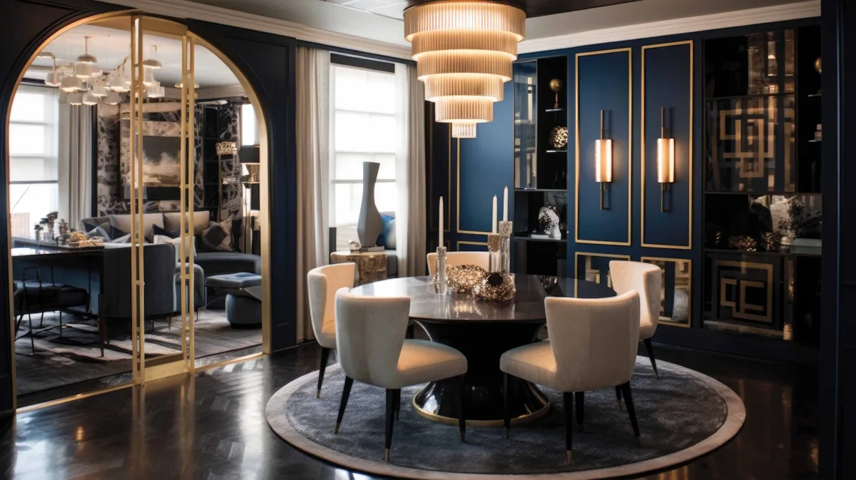 Interior inspiration: a richly layered blue dining room with a circular carpet