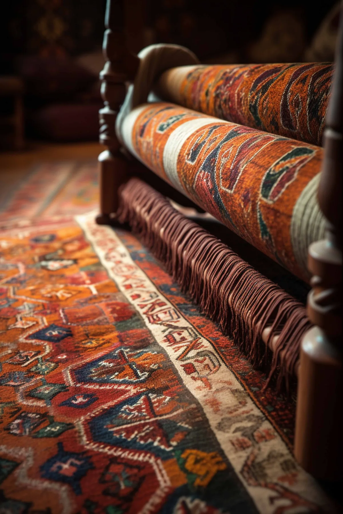 Rolled carpets with rust, ivory and blue patterns